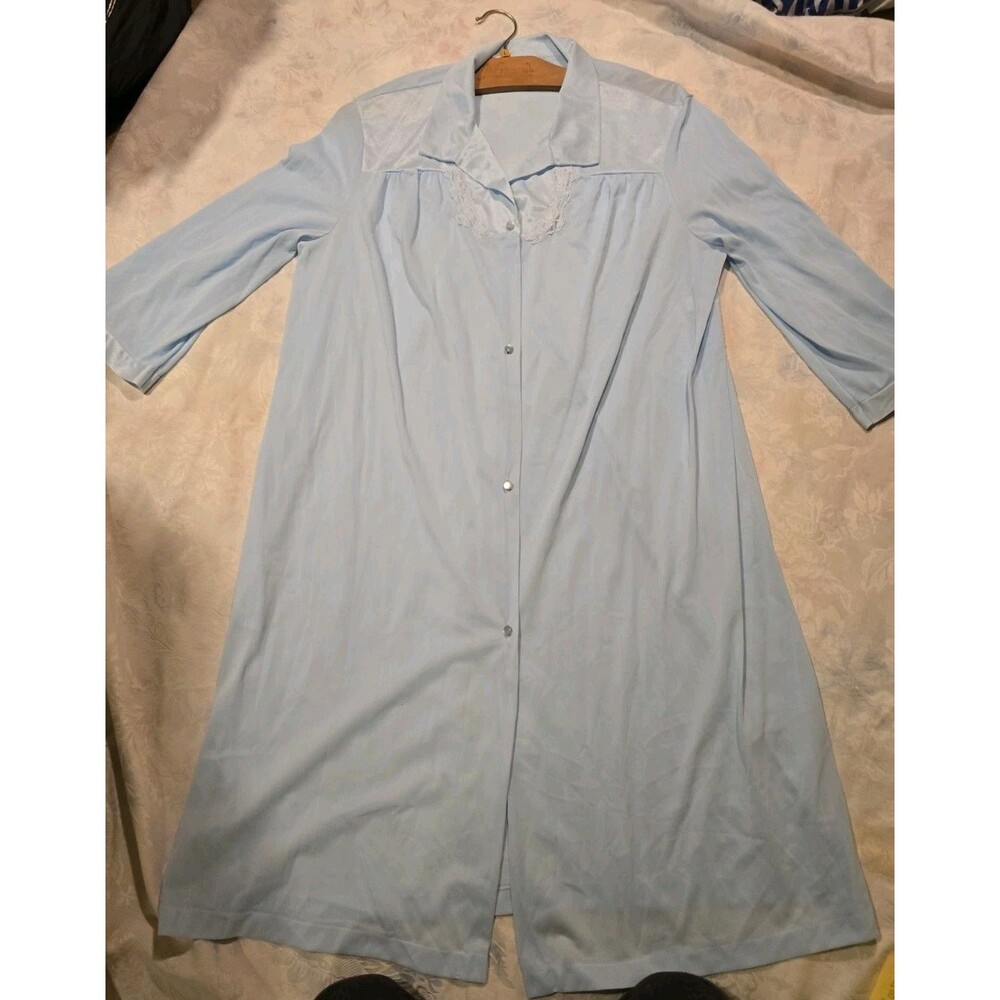 Housecoat Vanity Fair Robe Blue Button Down Collared Mid Sleeve Floral Trim Sz L